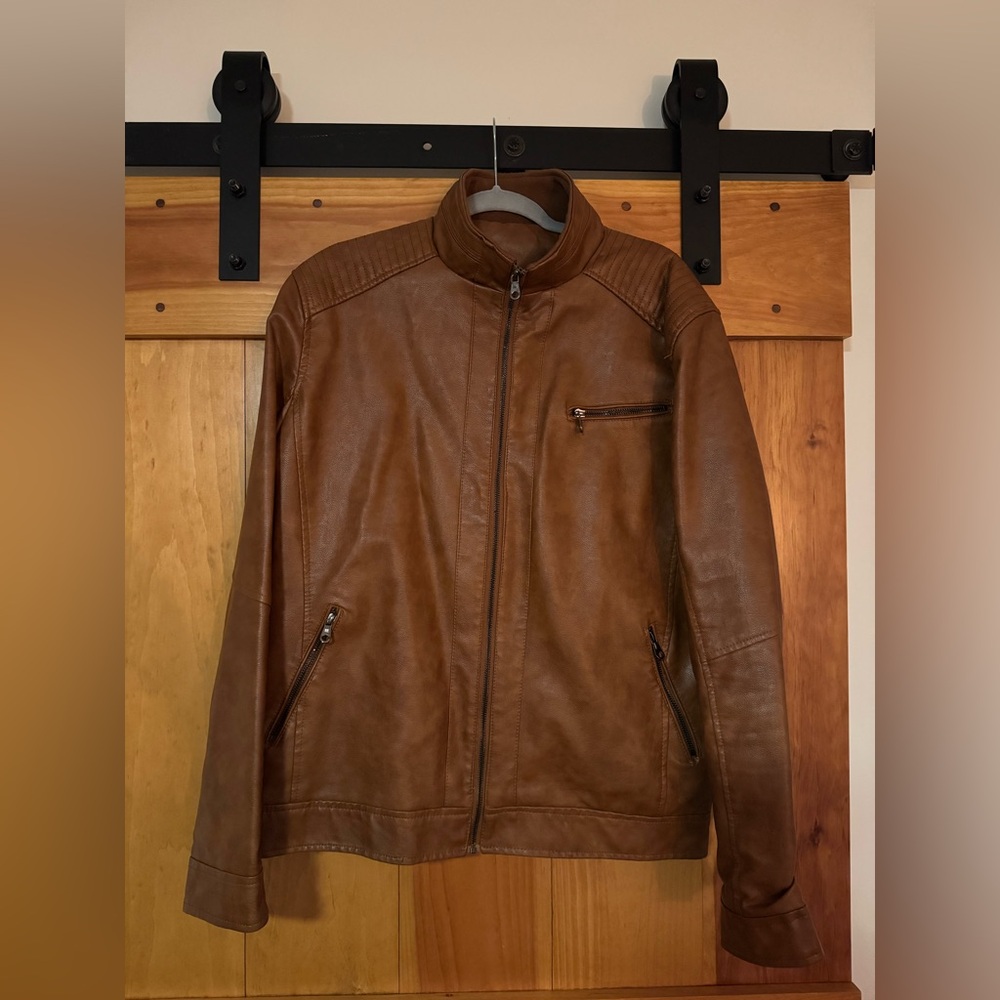 Never-Worn Saddle Brown Faux Leather Jacket - cross stitched shoulder piping